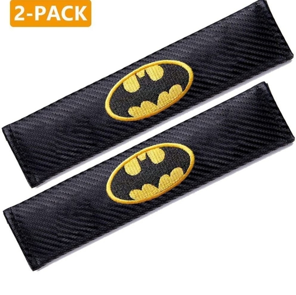 2 Batman carbon fiber black and yellow bat logo car seat belt cushioned pads. - Picture 2 of 2